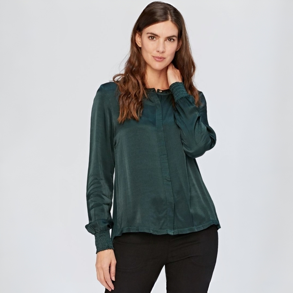 Nwt XCVI Satin Band Collar Blouse Green Hidden Button Minimalist Capsule Top M